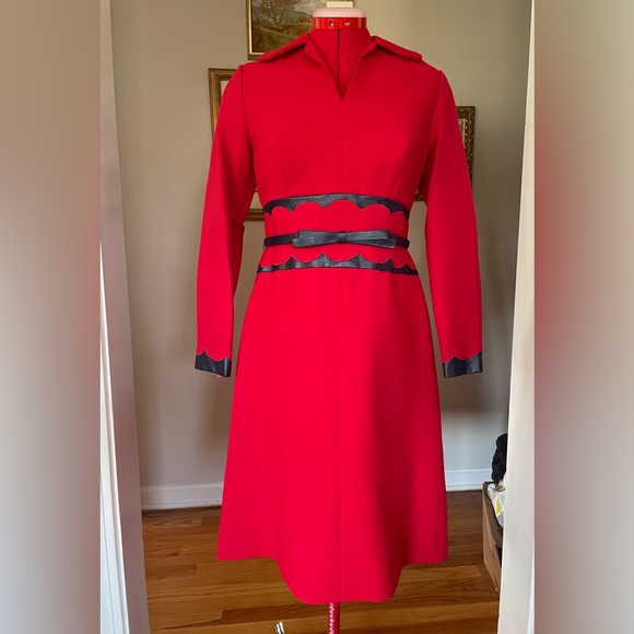 Shannon Rodgers For Jerry Silverman Vintage Red Long-sleeve Dress With Navy Trim - Picture 4 of 12
